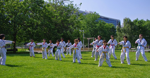 Séance d'entrainement de Taekwondo, au parc de la gare Montparnasse, Paris 15e
